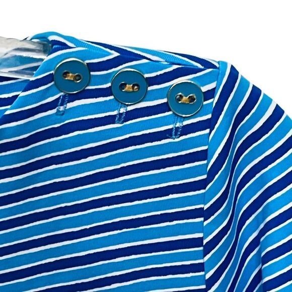J McLaughlin Top Blue Stripes 3/4 Sleeve 3 Buttons Side/Top Shirt Size L NWOT - Picture 3 of 10